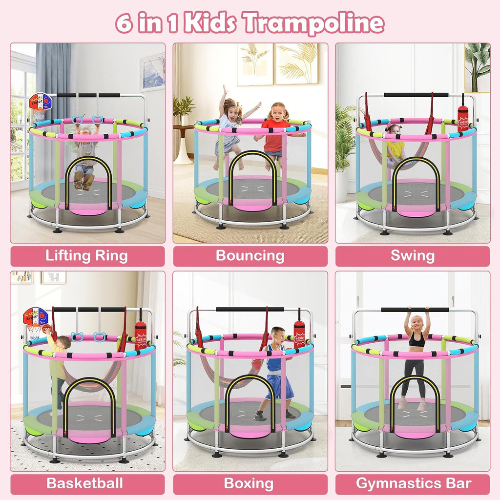 OLAKIDS 55' Trampoline for Kids, Indoor Outdoor Adjustable Toddler Trampoline with Safety Enclosure Net, Baby Recreational Trampolines with Basketball Hoop Hammock Boxing Bag Gymnastic Bar Rings