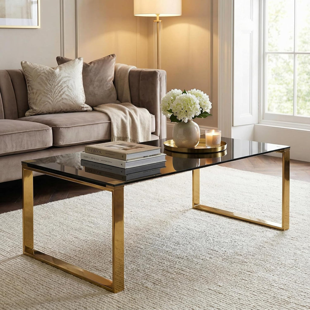 Cortesi Home Remini Coffee Table, Gold Metal and Black Glass