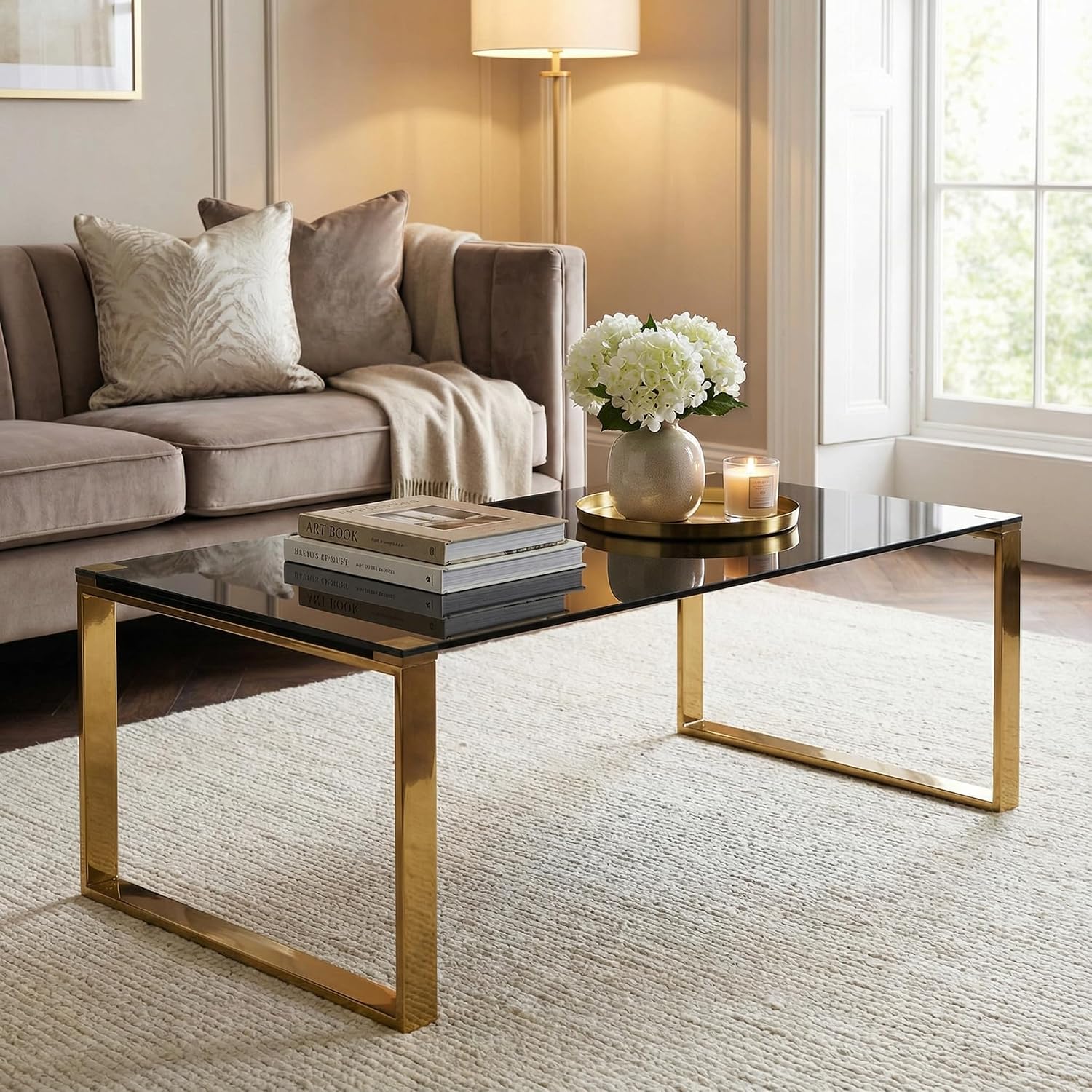 Cortesi Home Remini Coffee Table, Gold Metal and Black Glass