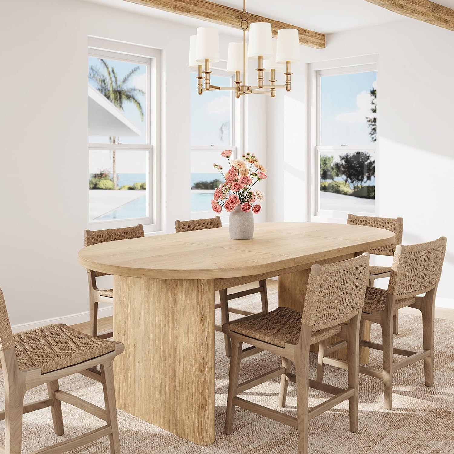 GarveeHome Oval Dining Table for 6-8 People, Long Large Kitchen Table with Thick Sturdy Wooden Base, Farmhouse Dining Room Table for for Kitchen, Living Room, Office (63' Long,Natural)