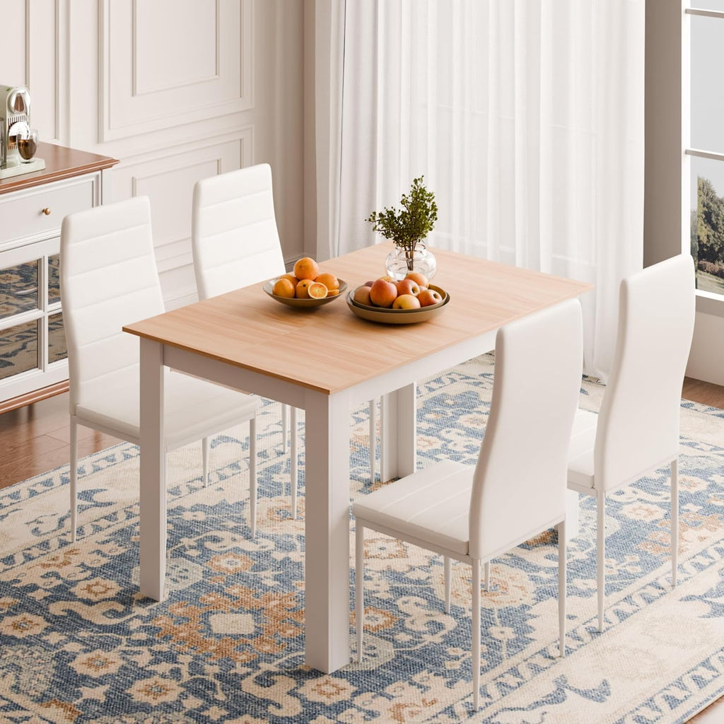 Mondeer Dining Table and Chairs Set 4, 5 Pieces Kitchen Table Set with High Back Faux Leather Chair for Dining Room Kitchen Rectangular Modern (Oak Table and 4 White Chairs)