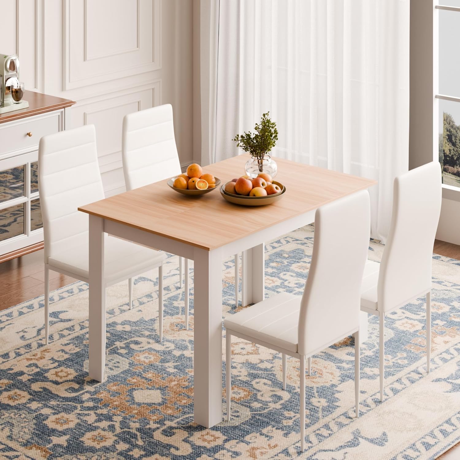 Mondeer Dining Table and Chairs Set 4, 5 Pieces Kitchen Table Set with High Back Faux Leather Chair for Dining Room Kitchen Rectangular Modern (Oak Table and 4 White Chairs)