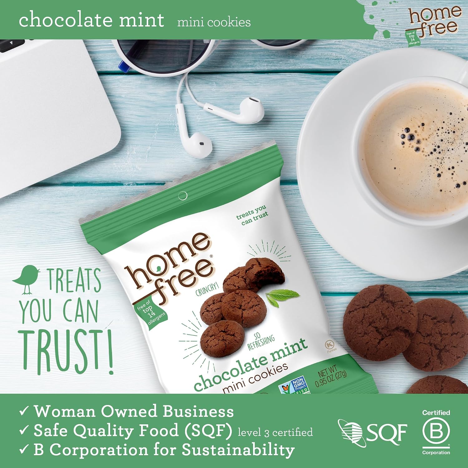 Homefree Chocolate Mint Mini Cookies, Gluten Free, Nut Free, Vegan, Individually Wrapped Packs, School Safe and Allergy Friendly Snack, 0.95 oz. (Pack of 64)