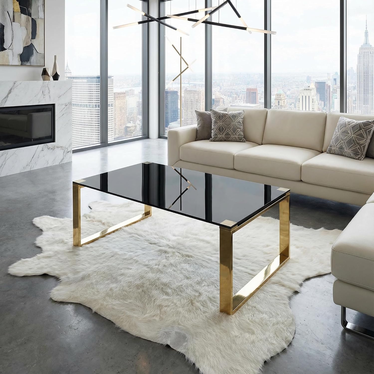 Cortesi Home Remini Coffee Table, Gold Metal and Black Glass
