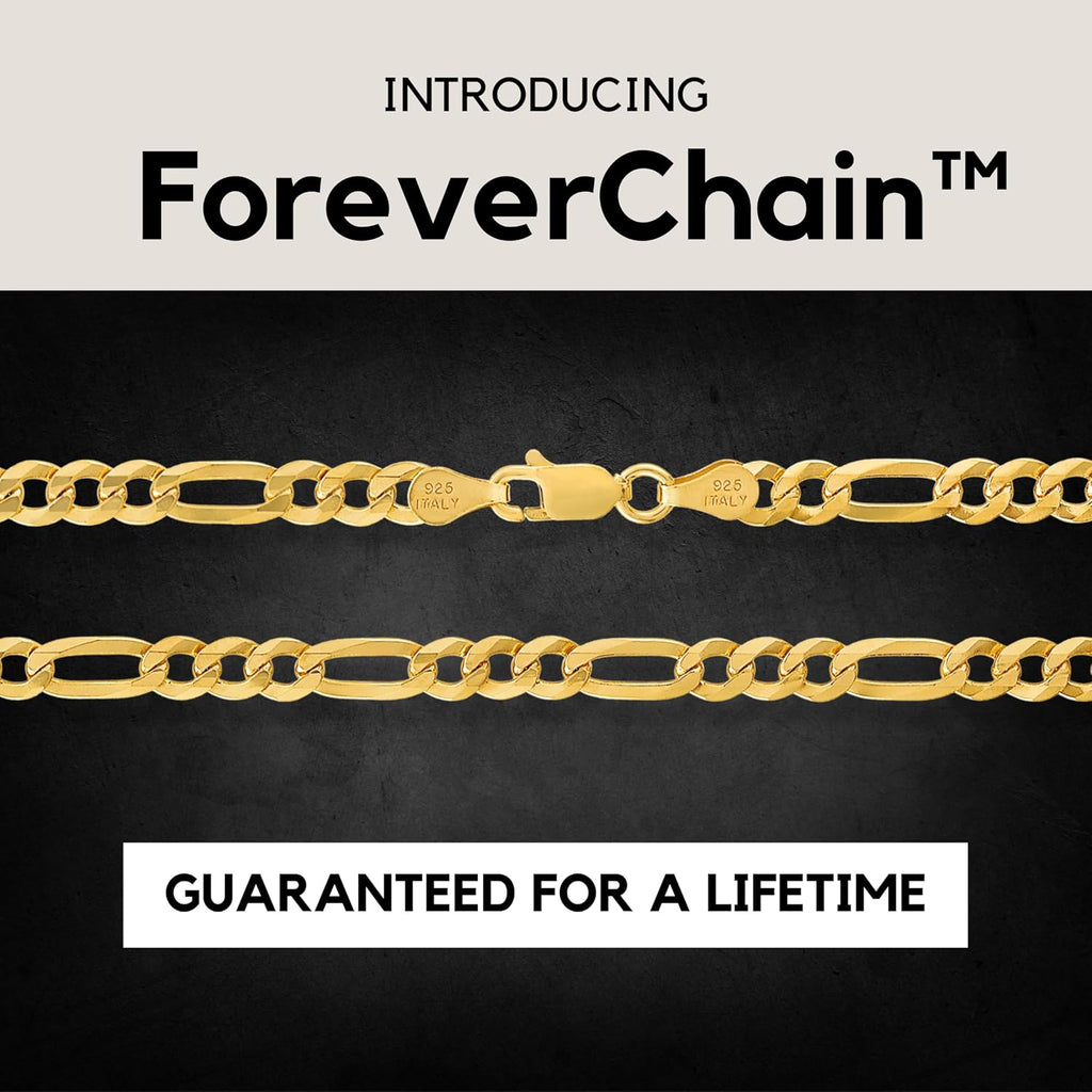 KISPER Men's 18K Gold Plated Sterling Silver Figaro Chain Necklace – 5mm Solid Italian Link with Lobster Clasp, Made in Italy