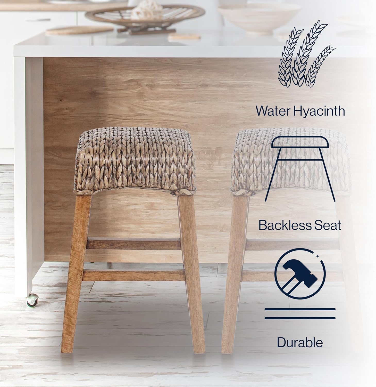 JONATHAN Y Maui Coastal Woven Water Hyacinth Counter Stool, Mango Wood Frame, 26' Backless Counter Stool for Kitchen Island with Integrated Footrest, Fully Assembled, Coastal, Brown Wash CSL1101A