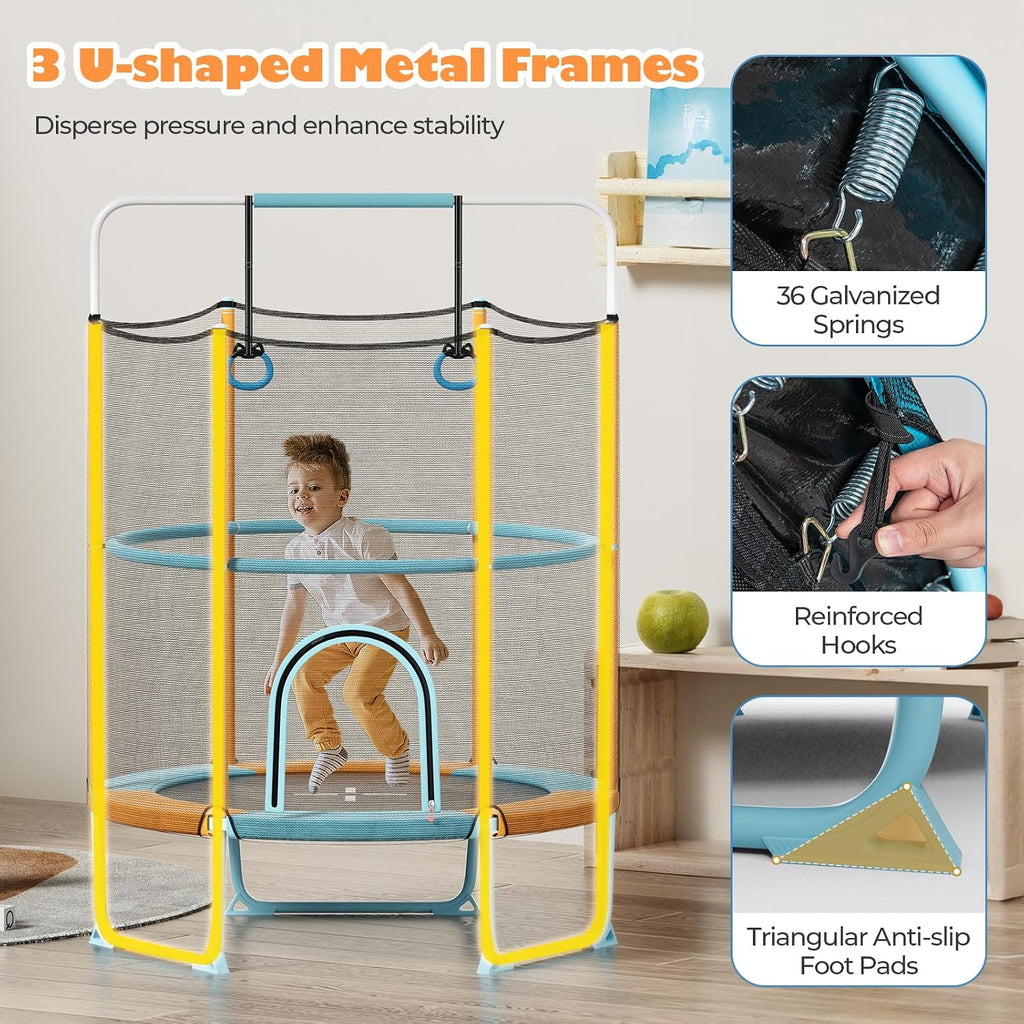 Goplus 60'' Trampoline for Kids, 3-in-1 Toddler Trampoline with Gymnastic Bar, Swinging Rings, Heightened Safety Enclosure Net, 5 FT Indoor Outdoor Recreational Rebounder for Boys Girls