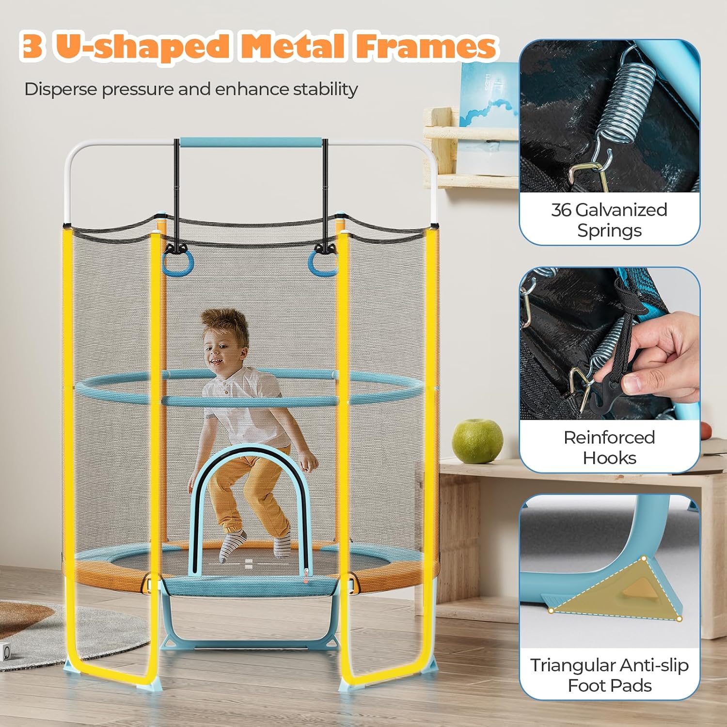 Goplus 60'' Trampoline for Kids, 3-in-1 Toddler Trampoline with Gymnastic Bar, Swinging Rings, Heightened Safety Enclosure Net, 5 FT Indoor Outdoor Recreational Rebounder for Boys Girls