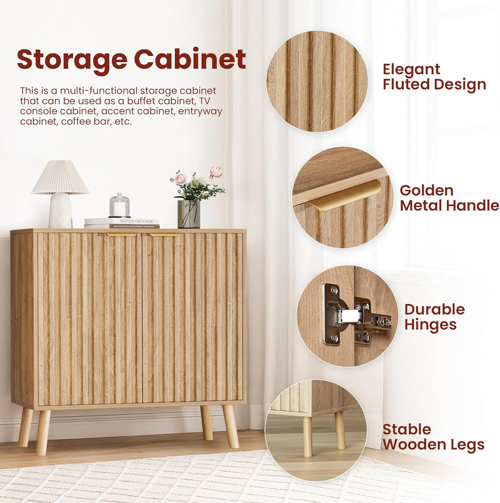 Pamapic Fluted Storage Cabinet, Sideboard Buffet with Doors and Shelf, Wooden Console Table & Credenza, Multifunctional Entryway Cabinet for Living Room, Dining Room (Natural)