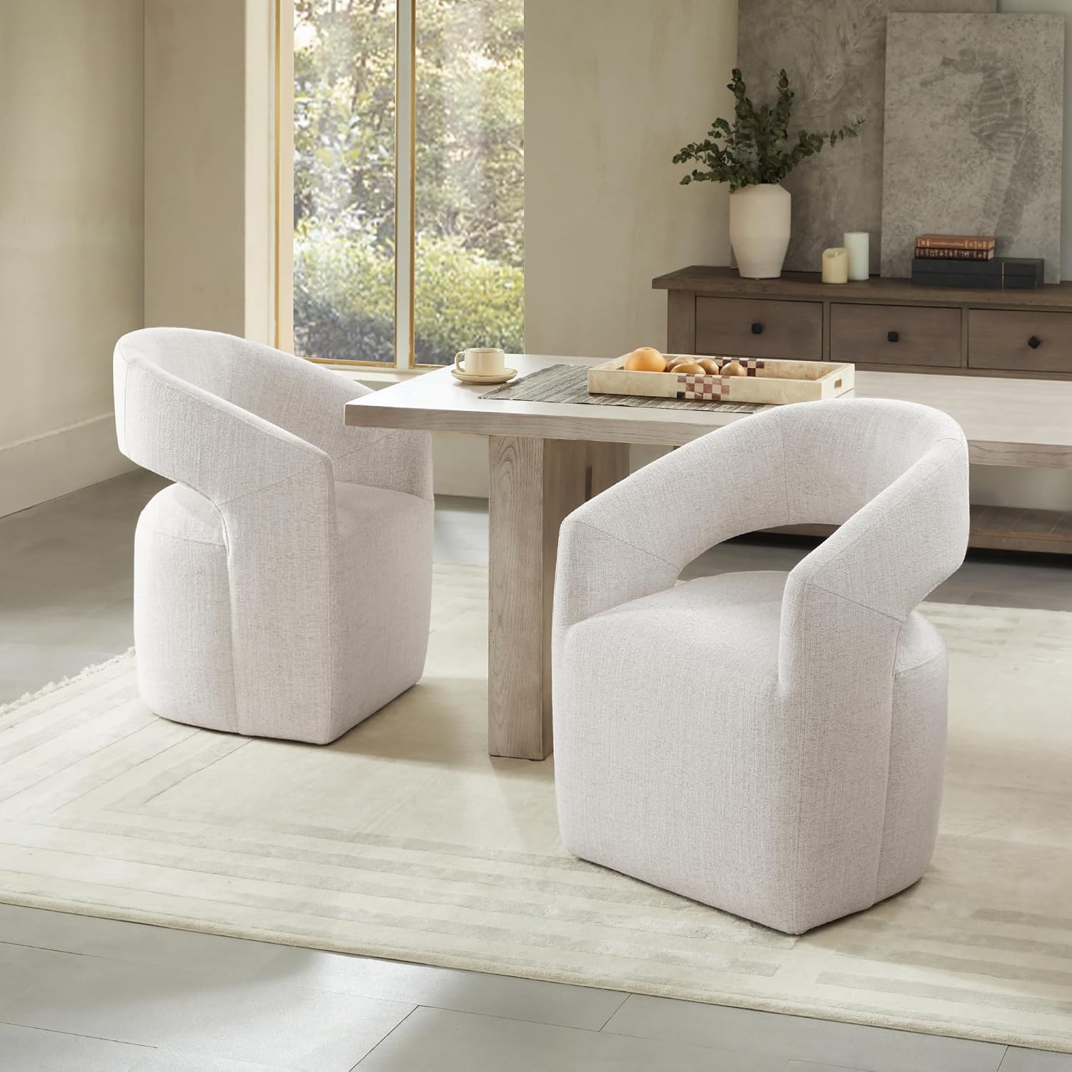 KISLOT Upholstered Dining Chairs with Casters, No Assembly Modern Barrel Armchair with Rollers for Dining Room, Bedroom, Living Room, Reading Room, Home Office, Set of 1, Beige