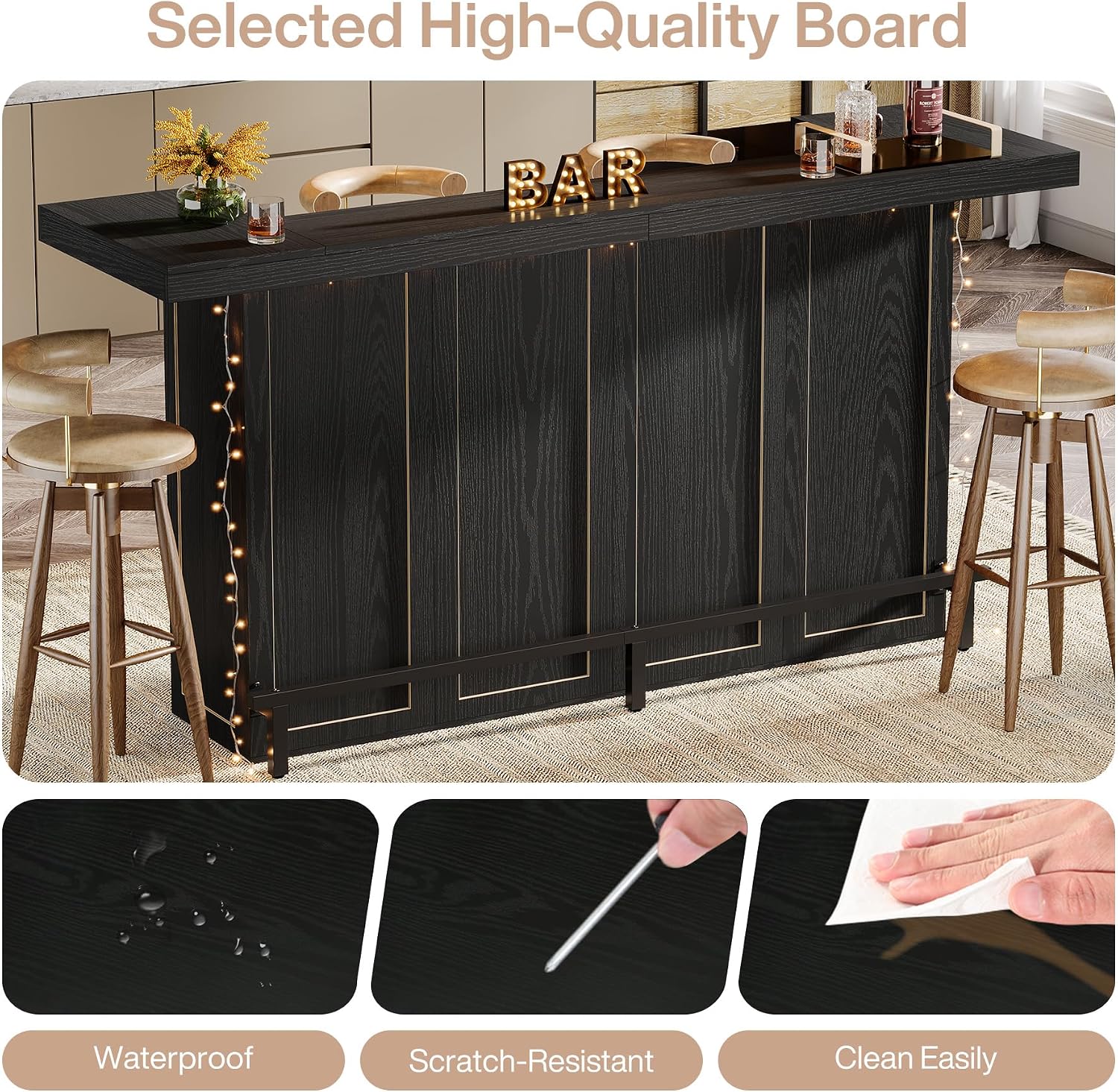 Tribesigns 4-Tier Bar Table, 70.9-Inch Large Wooden Home Bar Unit with Wine Glass Holder and Black Footrest, Pub Table with Storage Shelves for Dining Room, Living Room, Black