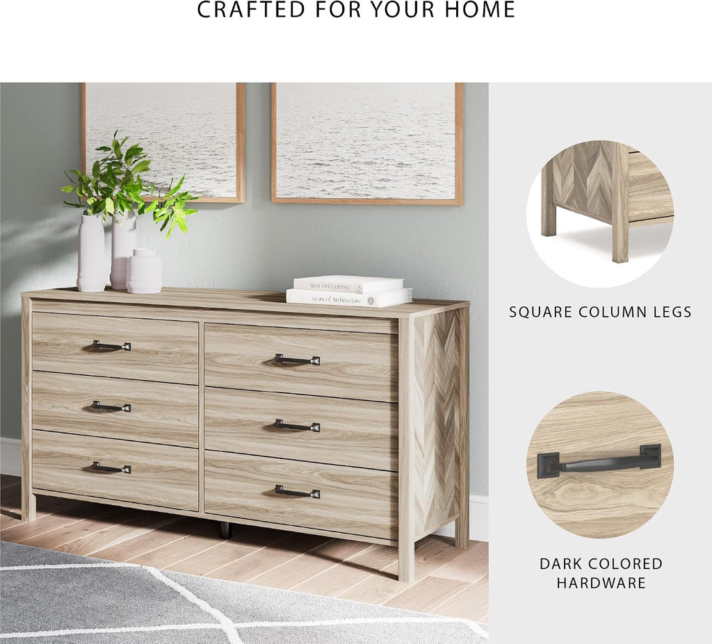 Signature Design by Ashley Battelle Mid-Century Modern Dresser with 6 Drawers and Chevron Pattern, Meets ASTM International Standards, Wood and Decorative Laminate, Tan