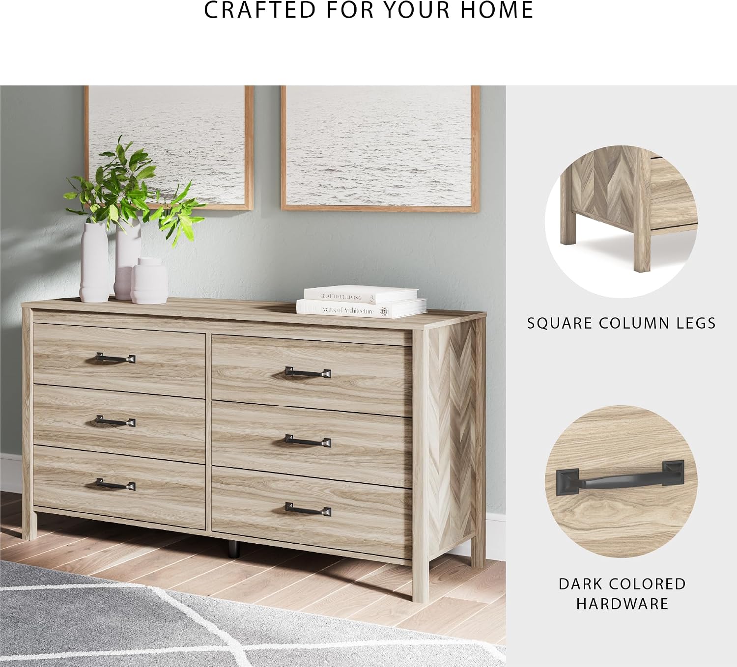 Signature Design by Ashley Battelle Mid-Century Modern Dresser with 6 Drawers and Chevron Pattern, Meets ASTM International Standards, Wood and Decorative Laminate, Tan