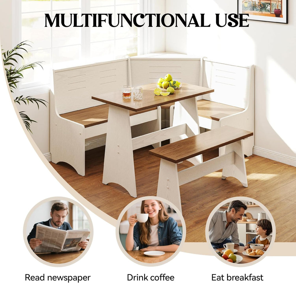 Breakfast Nook Kitchen Corner Dining Table Bench Chair Set, Hidden Storage Space-Saving 3-5 Seat L-Shape for Farmhouse Family Home White Brown Wood