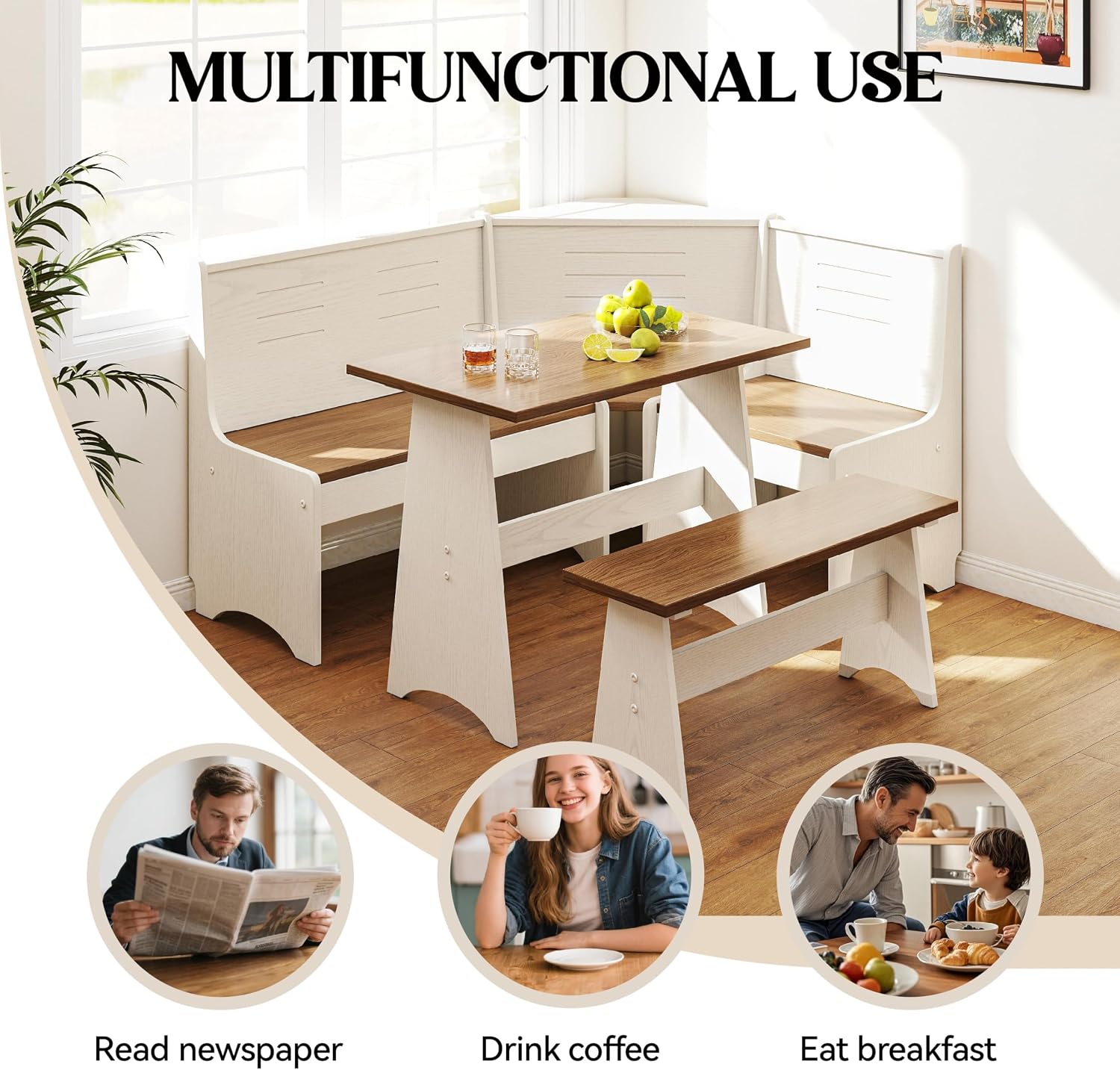 Breakfast Nook Kitchen Corner Dining Table Bench Chair Set, Hidden Storage Space-Saving 3-5 Seat L-Shape for Farmhouse Family Home White Brown Wood