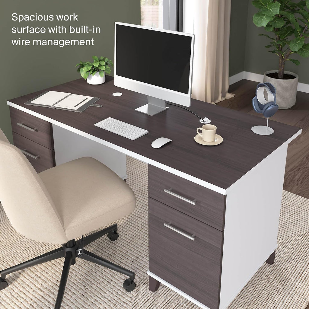 Bush Home 60-Inch Office Desk with Drawers, Computer Desk with File and Box Drawers, Home Office Workstation with Storage Cabinet, Writing Desk Furniture, Somerset Collection, Storm Gray and White