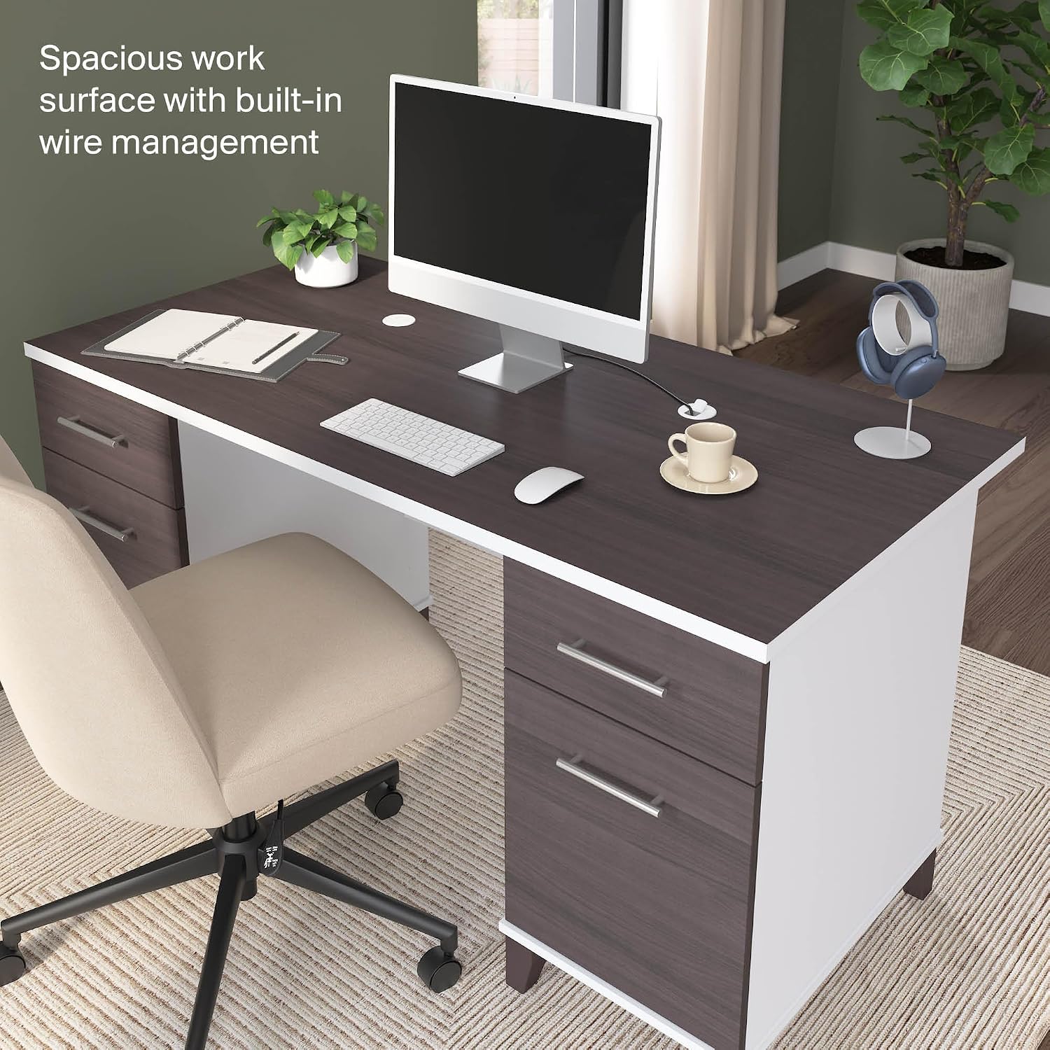 Bush Home 60-Inch Office Desk with Drawers, Computer Desk with File and Box Drawers, Home Office Workstation with Storage Cabinet, Writing Desk Furniture, Somerset Collection, Storm Gray and White