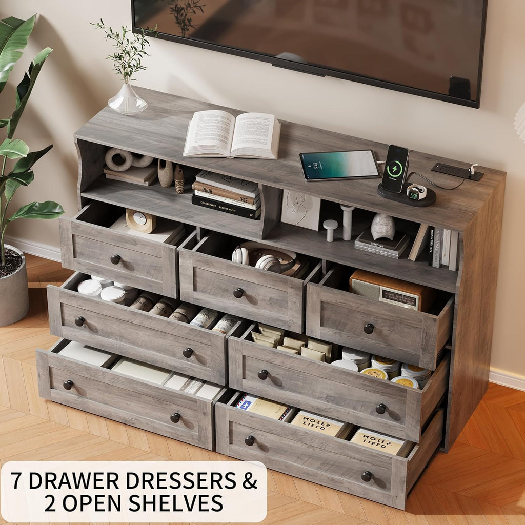 IDEALHOUSE Dresser for Bedroom with 7 Drawers, LED Lights & Charging Station, Wooden Chest with 2 Open Compartments, Freestanding Storage Organizer for Closet, Nursery, Entryway, Light Brown