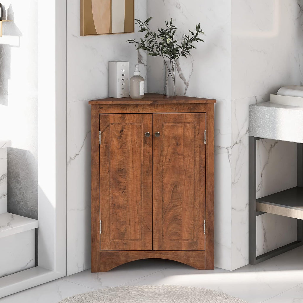 Corner Storage Cabinet with Two Doors for Bathroom, Living Room or Kitchen, Adjustable Shelf, Freestanding Floor Space Saver, Brown