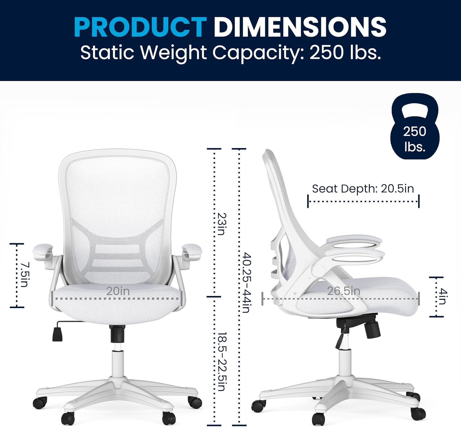 Flash Furniture Porter High-Back Swivel Office Chair with Adjustable Lumbar Support and Height, Ergonomic Mesh Desk Chair with Flip-Up Armrests, White
