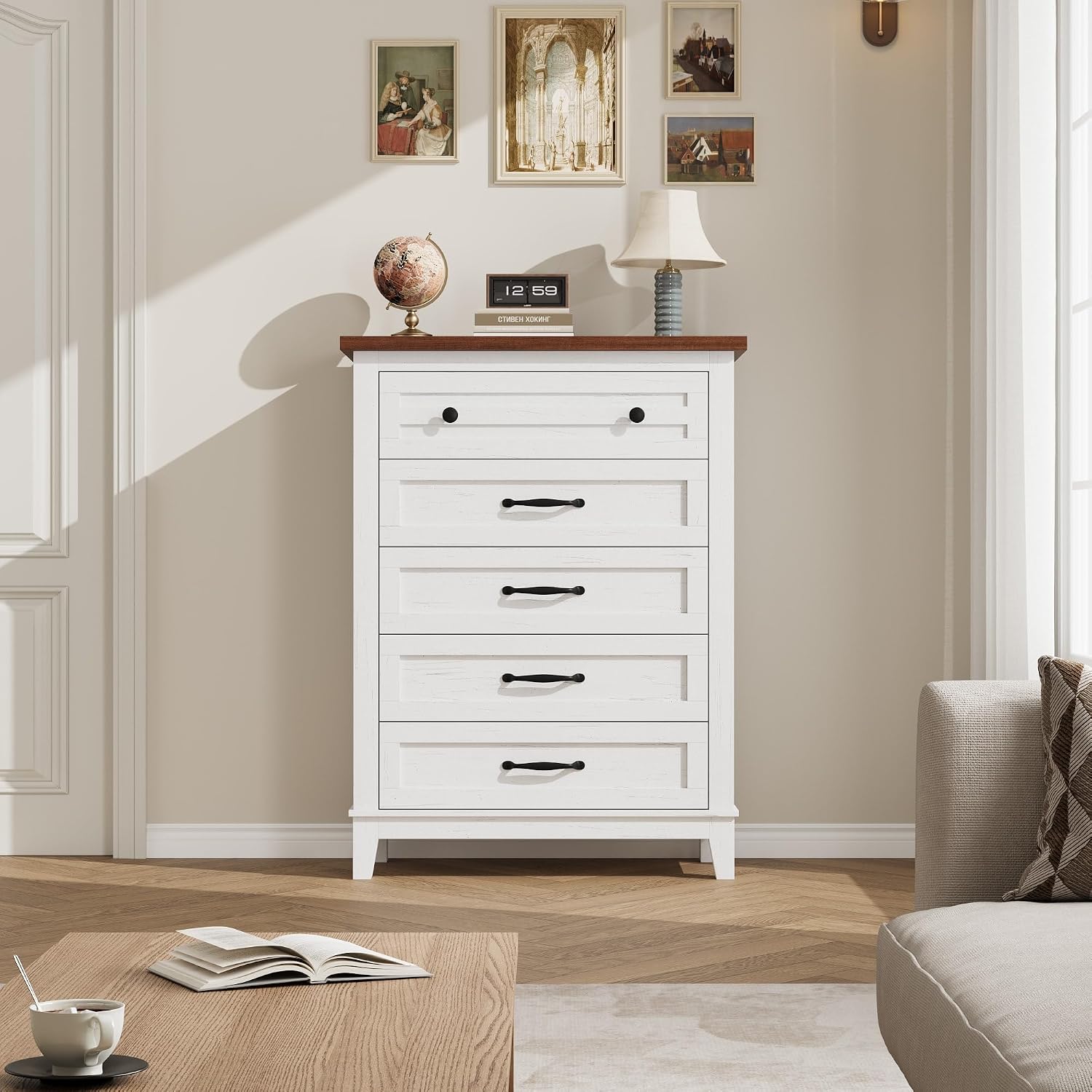 GarveeHome 5 Dresser for Bedroom, 41.3 in Tall Vertical Drawer Dresser with Large Storage, Freestanding Wooden Closet Chest for Bedroom, Living Room, White + Brown