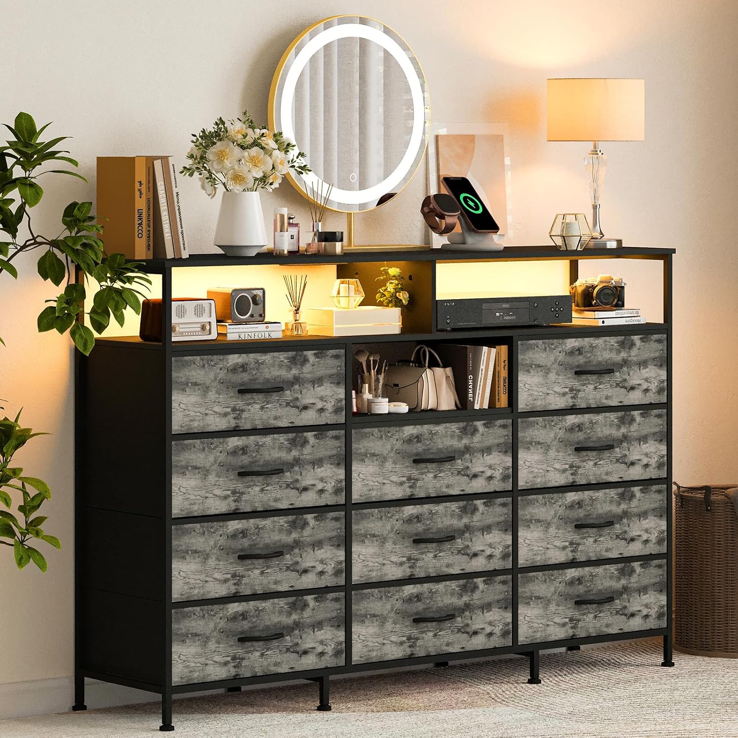 Dresser for Bedroom with LED Lights & Charging Station, 11 Drawer Dressers & Chests of Drawers, Steel Frame, Wood Top, 55 ' Fabric Dresser TV Stand for Bedroom,Hallway, Storage Organization, Entryway