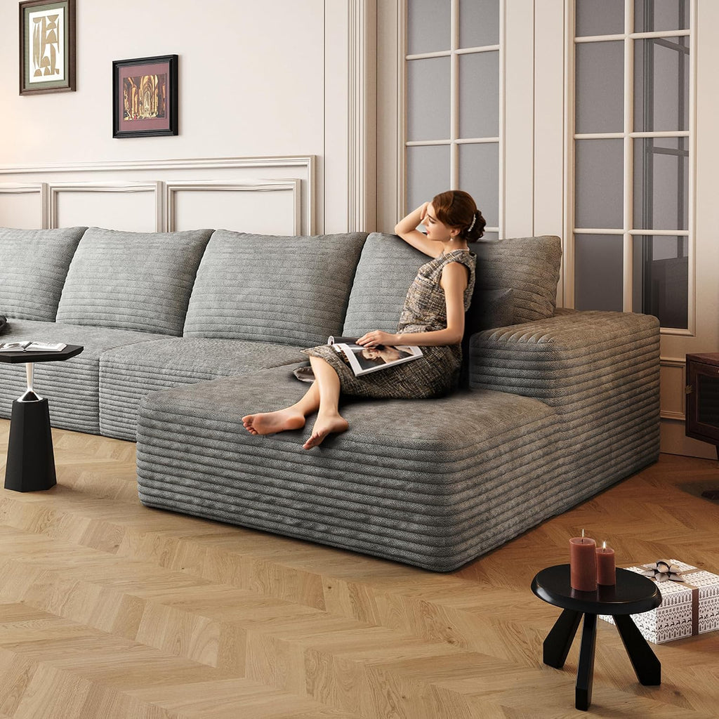 Eafurn 135' Oversized Right Facing Boneless Modular Sectional Sofa Couch with Chaise Lounge, 33D High-Density Foam Compressed Floor Couch with Deep Seat and Throw Pillows