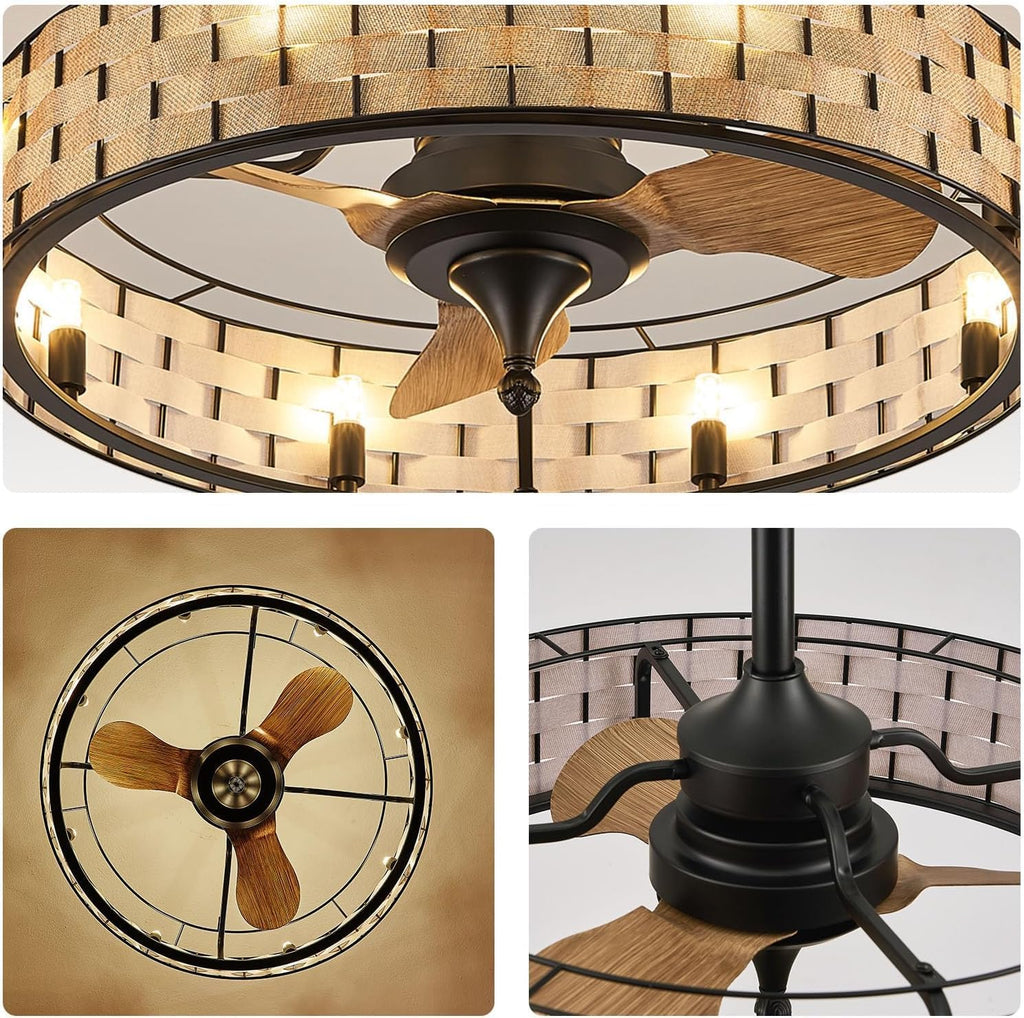 Orison 24' Caged Ceiling Fan with Lights, 2 Ways Control(App&Remote Control), Light Kit Included(8 Bulbs), Modern Farmhouse