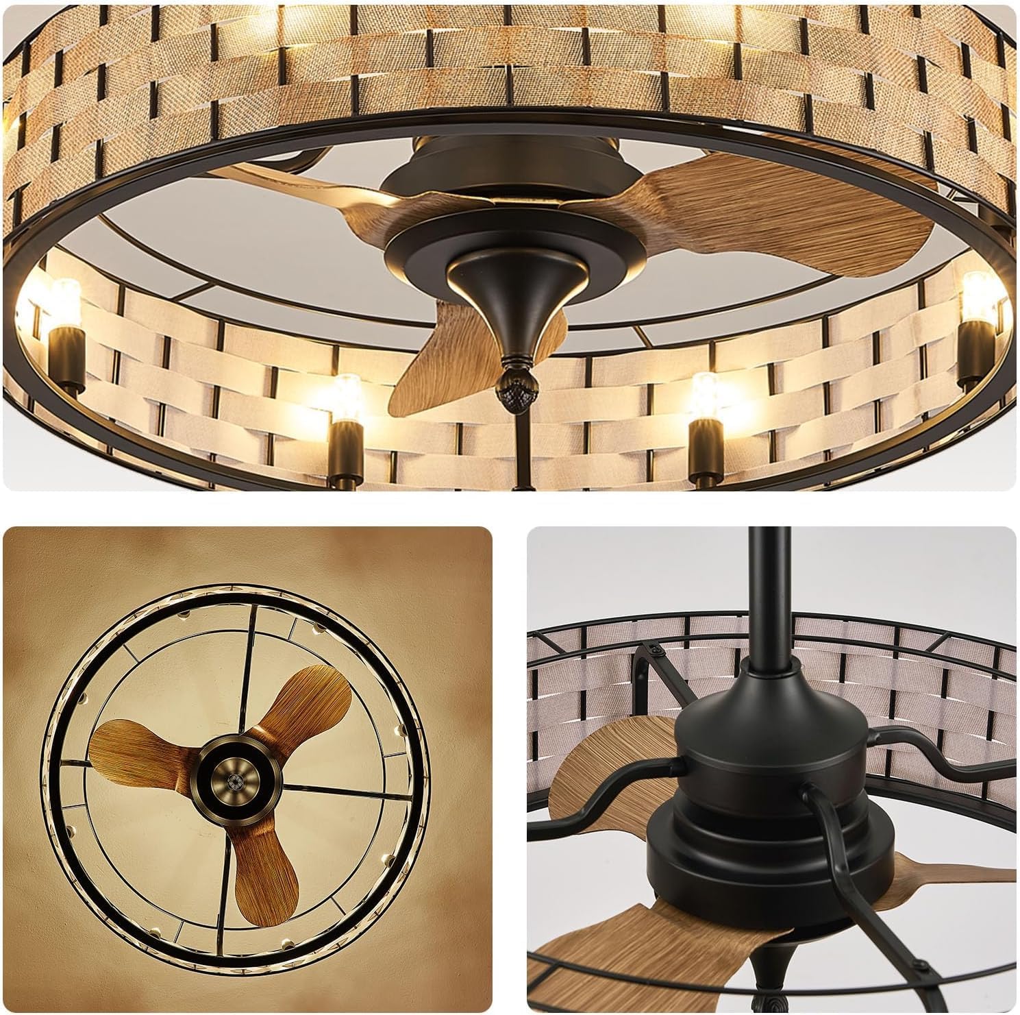 Orison 24' Caged Ceiling Fan with Lights, 2 Ways Control(App&Remote Control), Light Kit Included(8 Bulbs), Modern Farmhouse