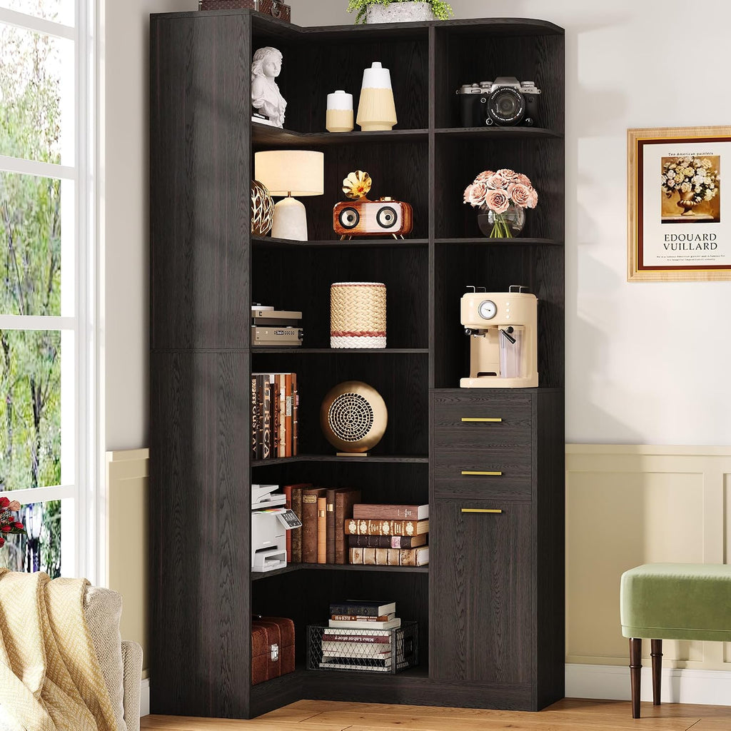IRONCK Corner Bookshelf, 76' Tall Corner Bookshelves, 6 Tiers L-Shaped Bookcase with 10 Open Shelves and 2 Storage Drawers for Living Room or Home Office, Dark Brown