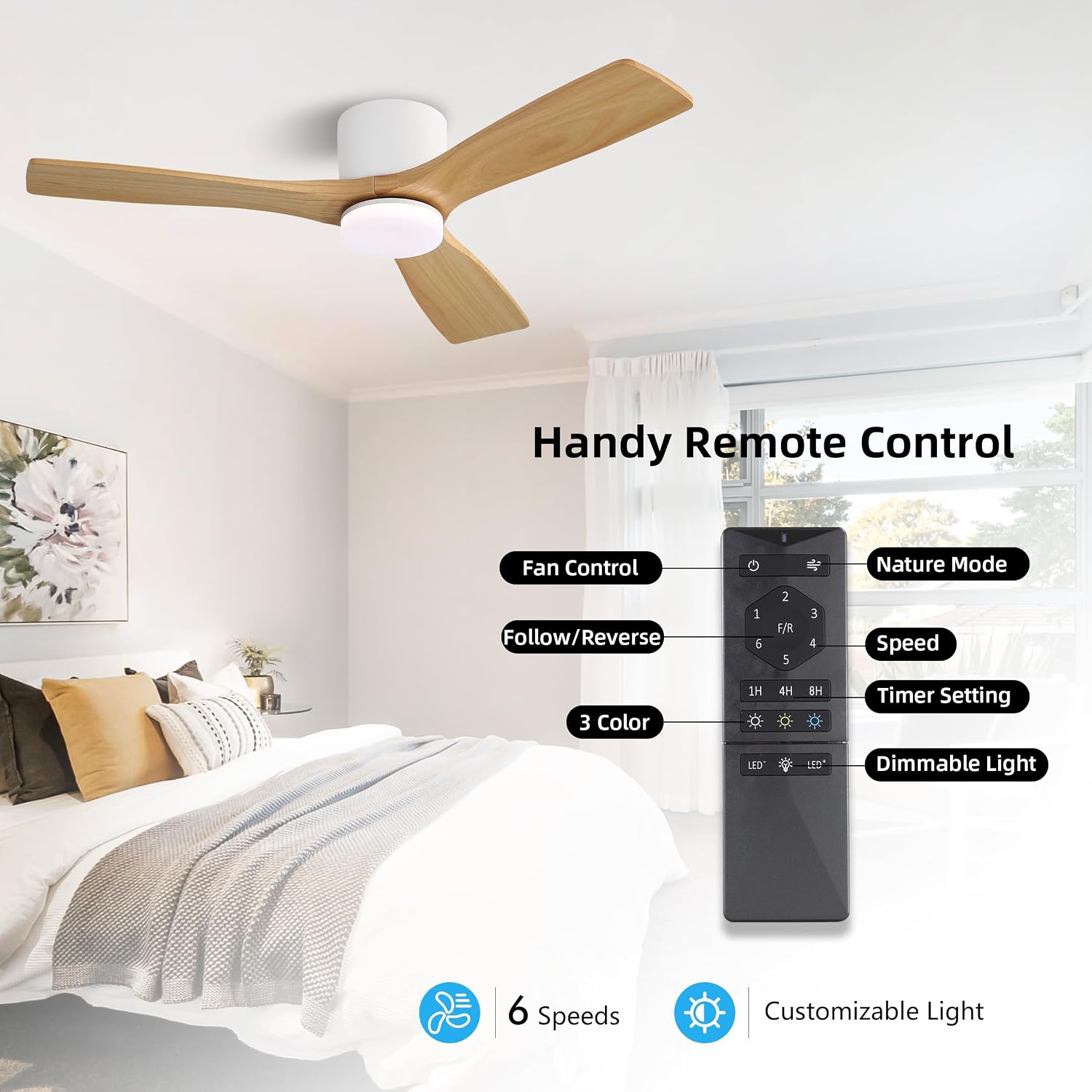 WINGBO 48 Inch Flush Mount DC Ceiling Fan, 3CCT Dimmable Light, 3 Carved Wood Blades, 6-Speed Noiseless Reversible DC Motor, Hugger Low Profile Fan, Gloss White Finish with Oak Blades, ETL Listed