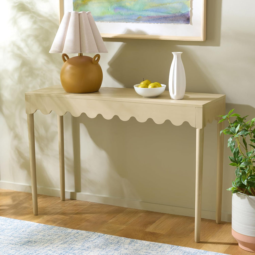 SAFAVIEH Home Collection – Neha Natural Brown Solid Wood Console Table, Scalloped Apron Entryway & Living Room Accent (CNS5749B)