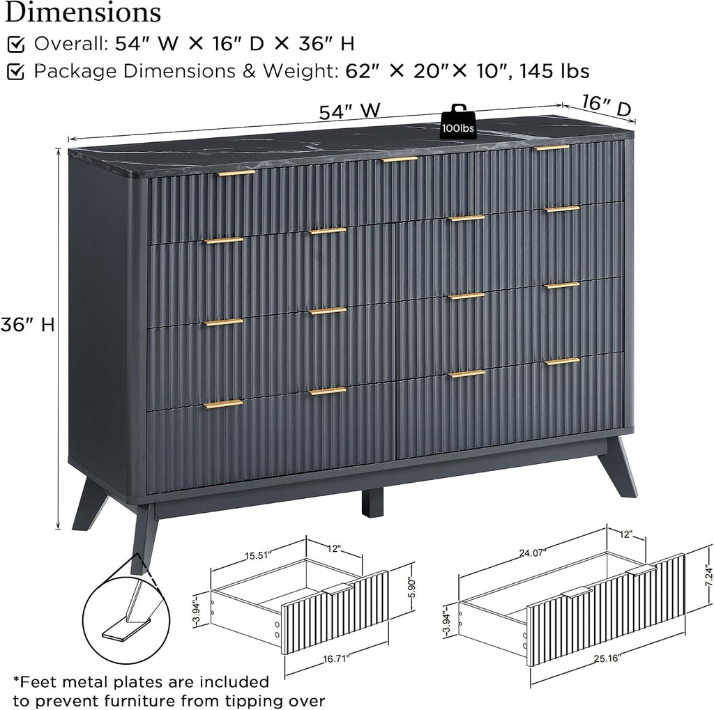 T4TREAM Fluted 9 Drawers Dresser, 54' Wide Modern Chest of Drawers with Faux Marble Top, Curved Profile Design, Dresser TV Stand, Wood Drawer Organizer for Bedroom, Living Room, Hallway, Dark Grey