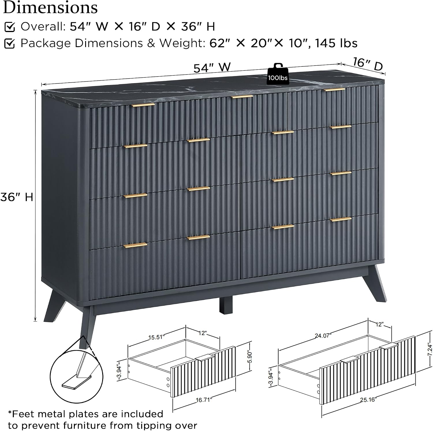 T4TREAM Fluted 9 Drawers Dresser, 54' Wide Modern Chest of Drawers with Faux Marble Top, Curved Profile Design, Dresser TV Stand, Wood Drawer Organizer for Bedroom, Living Room, Hallway, Dark Grey
