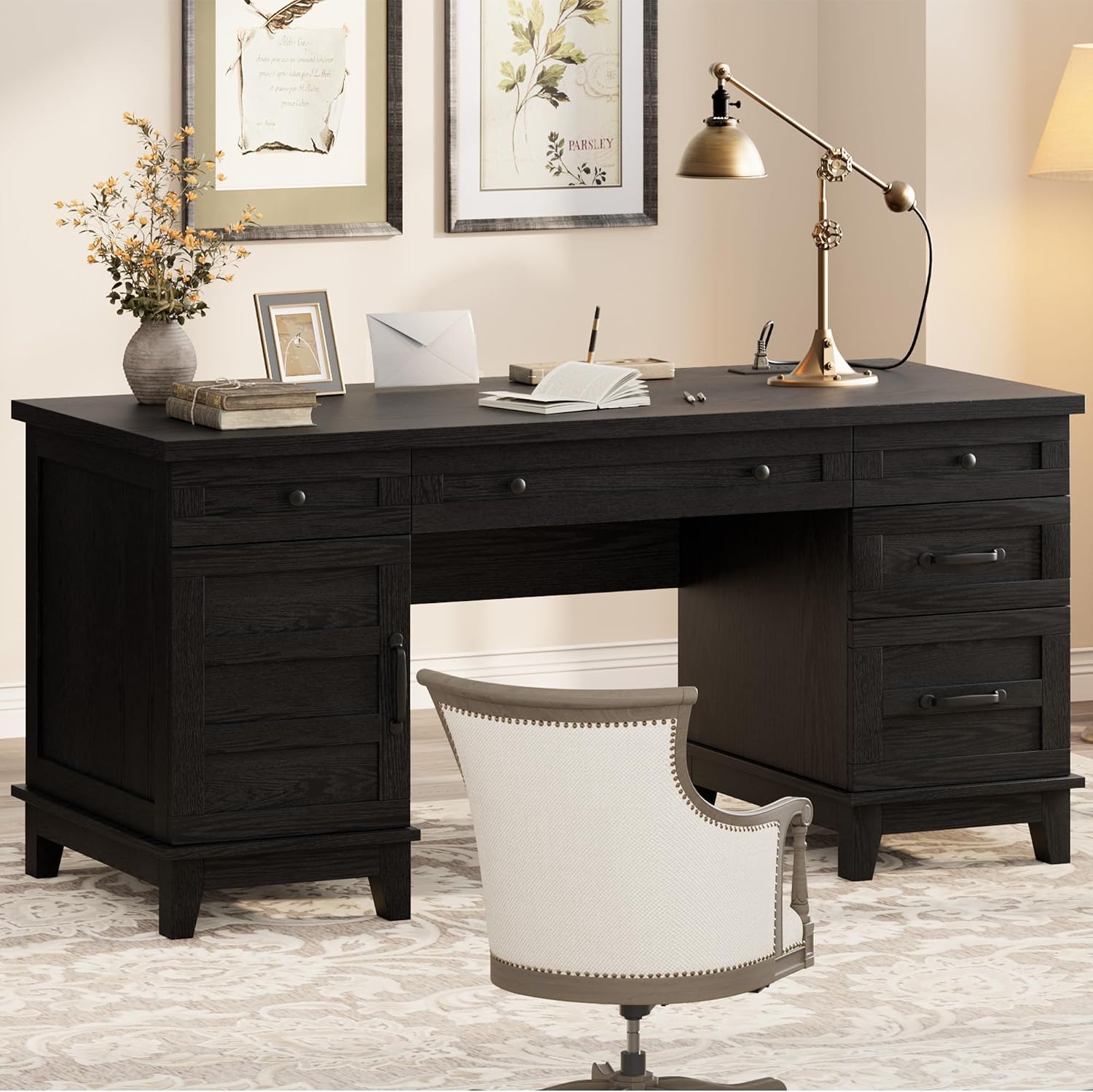 IDEALHOUSE Farmhouse Executive Desk 60 Inch, All-in-One Home Office Table with Built-in Charging Port, Rustic Wooden Computer Desk with File Drawers for Work, Rustic Black