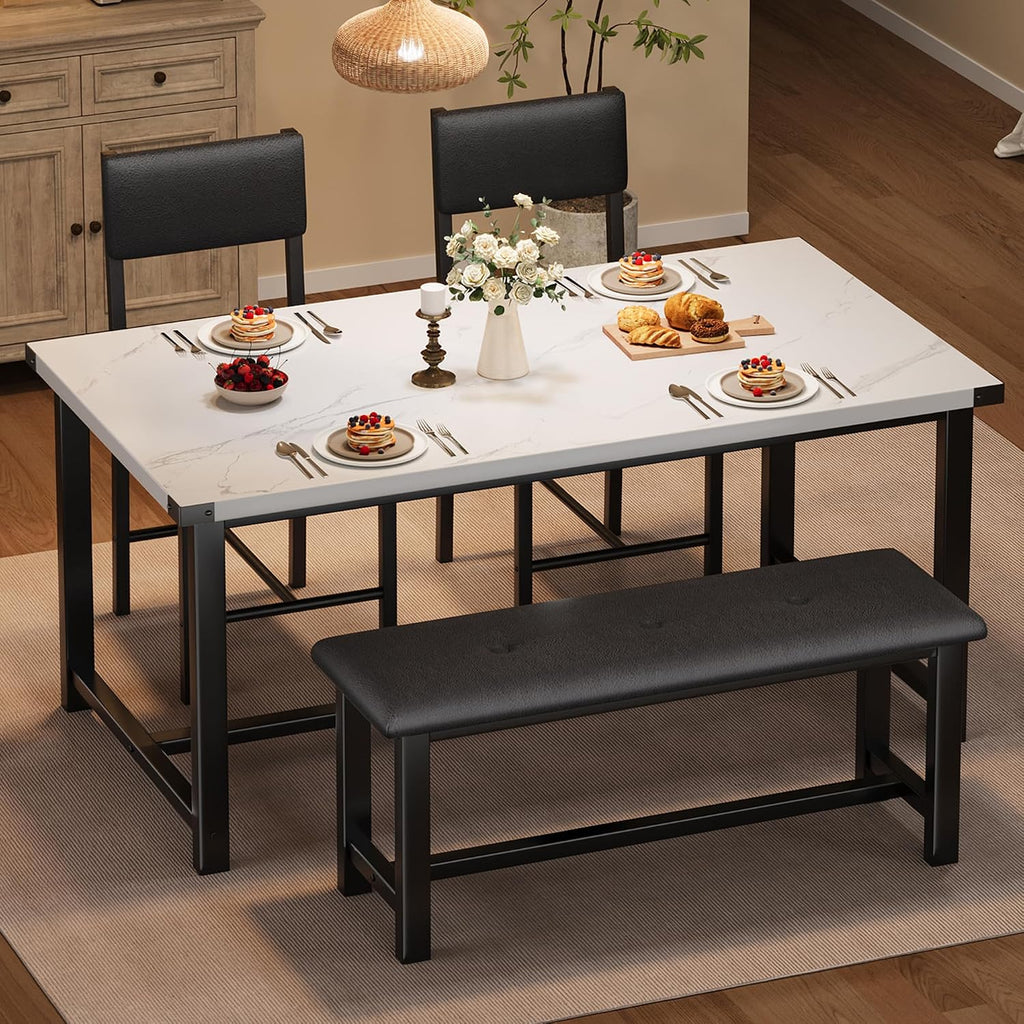Garvee Wooden Dining Table Set for 4, Kitchen Table and 2 Upholstered Chairs with Bench, Rectangular Dining Room Set, for Small Space, Apartment, Home, Easy Assembly, White Marble