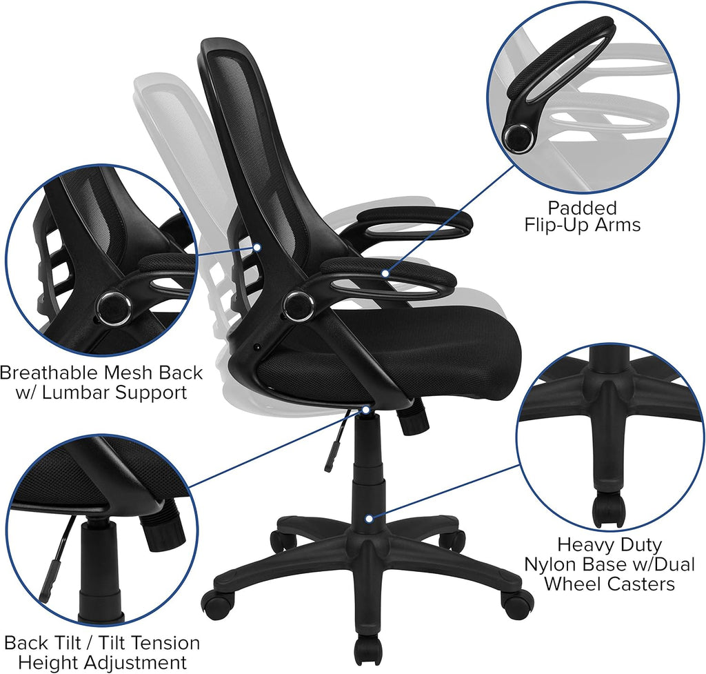 Flash Furniture Porter High Back Black Mesh Ergonomic Swivel Office Chair with Black Frame and Flip-up Arms
