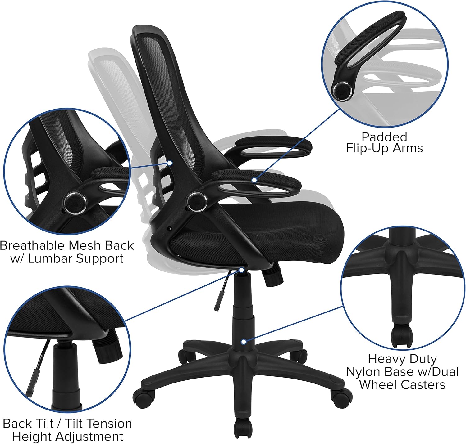 Flash Furniture Porter High Back Black Mesh Ergonomic Swivel Office Chair with Black Frame and Flip-up Arms