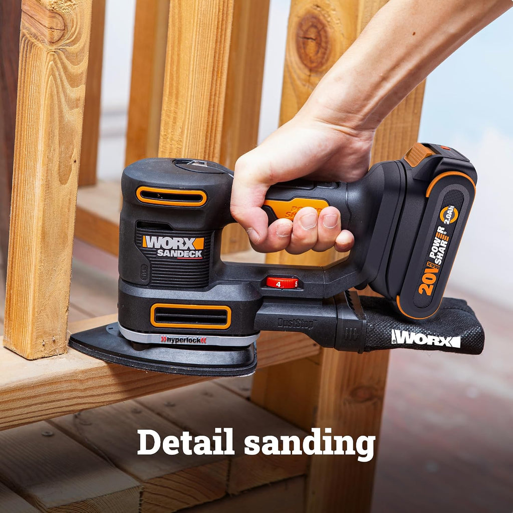 WORX Cordless Sander, 20V 10,000 orbits/minute Electric Sander, 5-in-1 Functions, Tool-less Sanding Pad Change, Tool Only, PowerShare