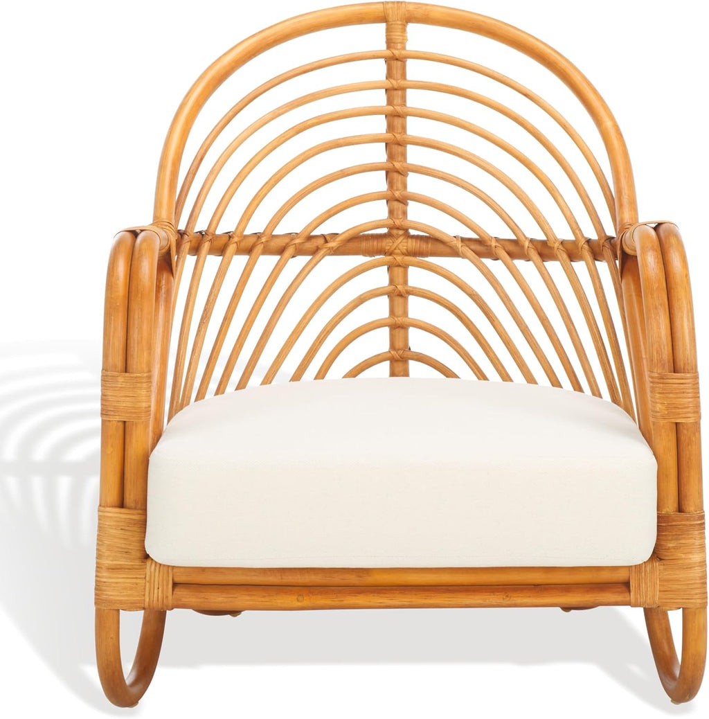 SAFAVIEH Couture Collection Ivybelle Tropical Coastal Natural Rattan/White Linen Cushion Accent Chair (Fully Assembled)