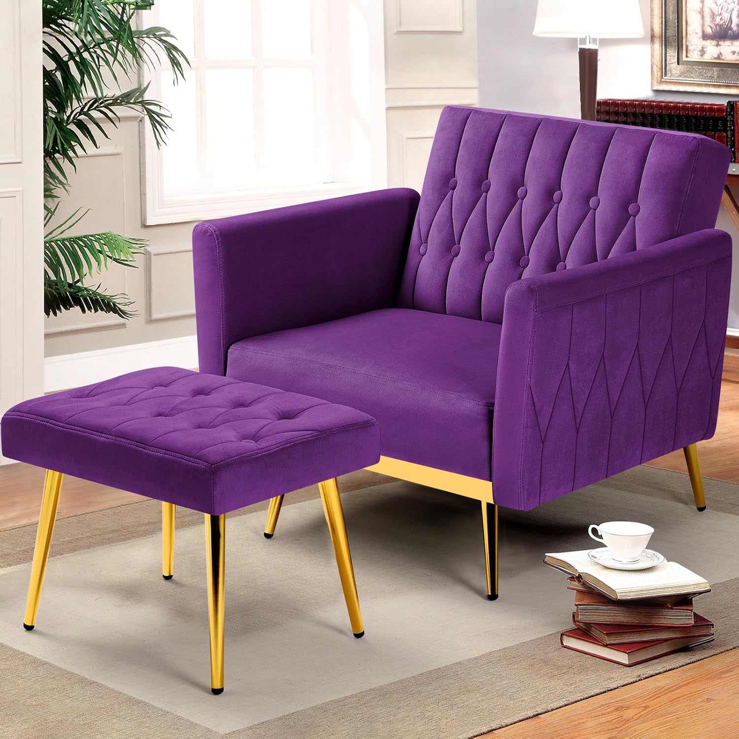 Velvet Accent Chair with Adjustable Armrests and Backrest, Button Tufted Lounge Chair, Single Recliner Armchair with Ottoman and Pillow for Living Room, Bedroom, Purpel