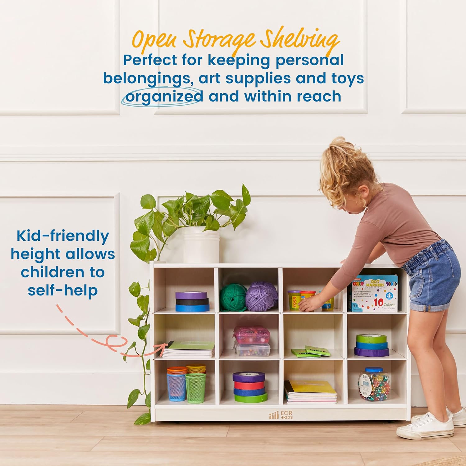 ECR4Kids 12 Cubby Mobile Tray Storage Cabinet, 3x4, Classroom Furniture, White Wash