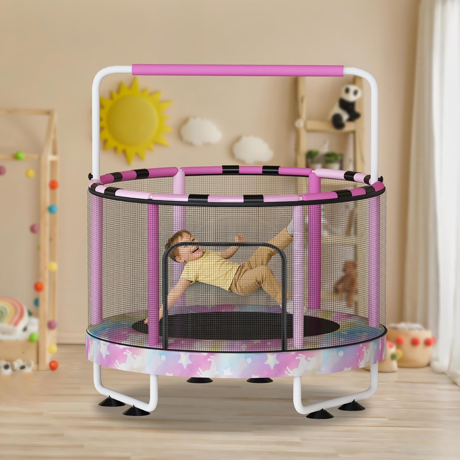 Lamerge Kids Trampoline, Toddler Bouncing Trampoline with Safety Enclosure Net, ASTM-Approved, 500lbs Capacity, Ages 1-8, Adjustable Handrail, 7-in-1, 60'