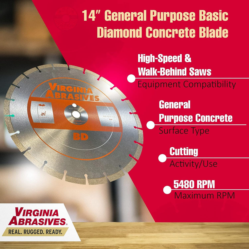 Virginia Abrasives Diamond Blade 425-06026-10pc 14' General Purpose Blade for Wet/Dry Concrete, Partner Saws, Diamond Cutting Tools for Concrete, Metal - Wet Dry Blade, High-Speed Saw