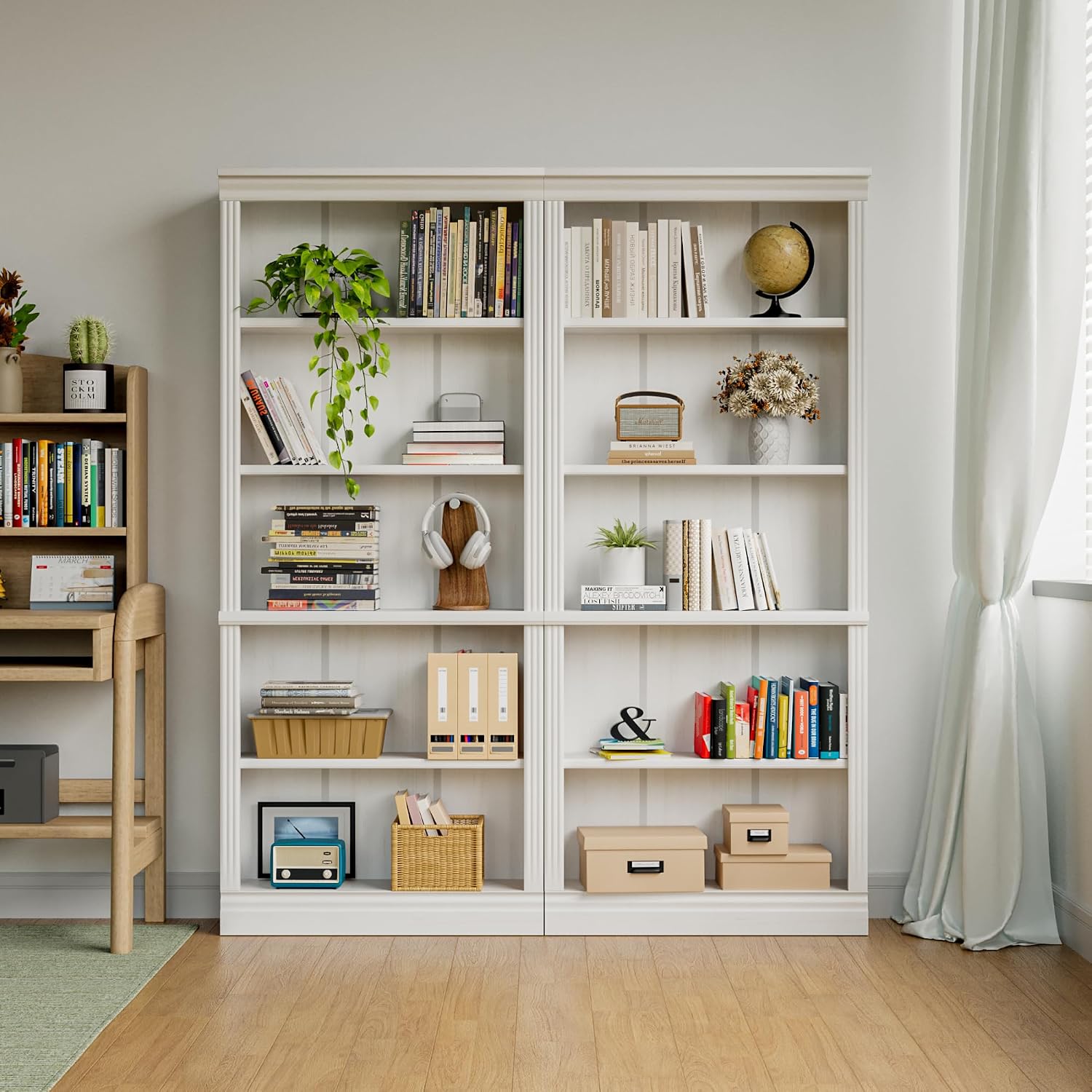 Shahoo 72' Bookcase and Bookshelf, 5-Tier Wood Bookcases with Shelves, Tall Floor Standing Book Shelf Storage Cabinet Home Decor Furniture for Living Room, Home Office 2 Pcs, White