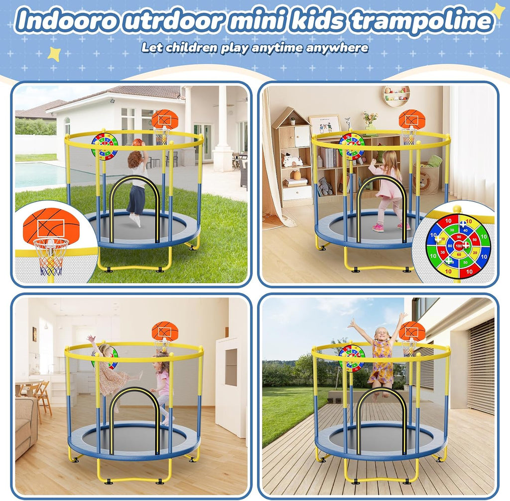 6FT Indoor Trampoline for Kids Ages 1-8, 72' Mini Toddler Indoor & Outdoor Trampoline with Safety Enclosure Net, Basketball Hoop & Dart Board, Birthday Gifts for Boys & Girls, Baby Toddler