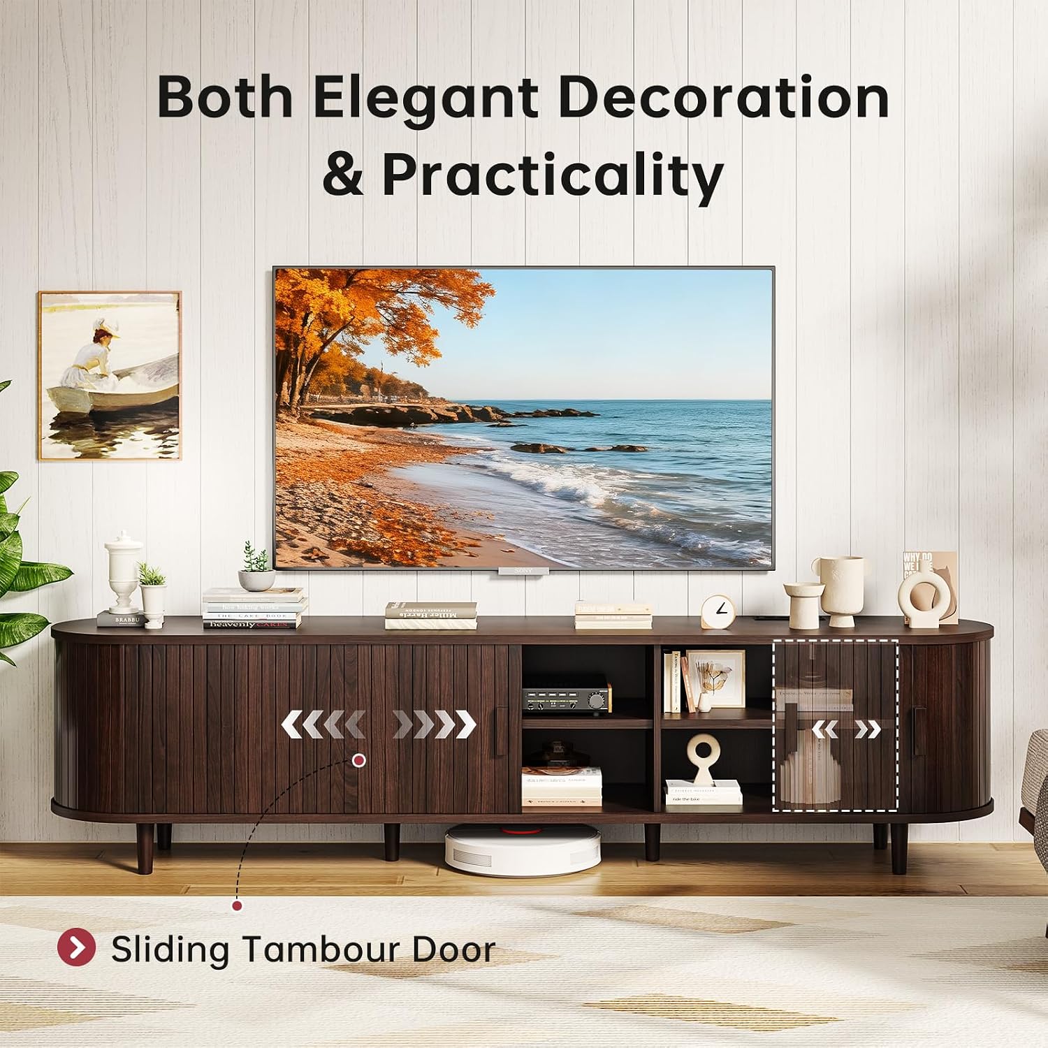 MXV 70' Mid-Century Modern TV Consoles with Sliding Doors, TV Stand with Power Outlet, Fluted Entertainment Center with Adjustable Shelves, for Living Room