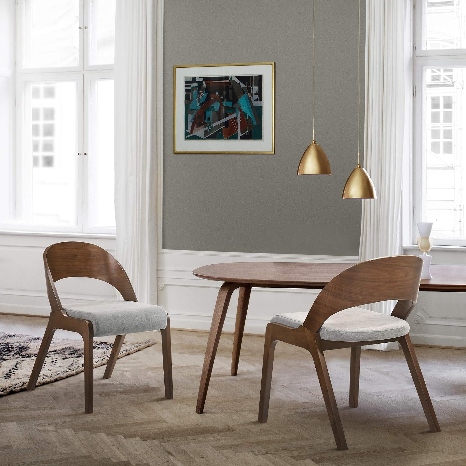 Armen Living Polly Mid-Century Modern Dining Accent Chairs Finish Fabric-Set of 2, 20' Wide, Walnut/Grey