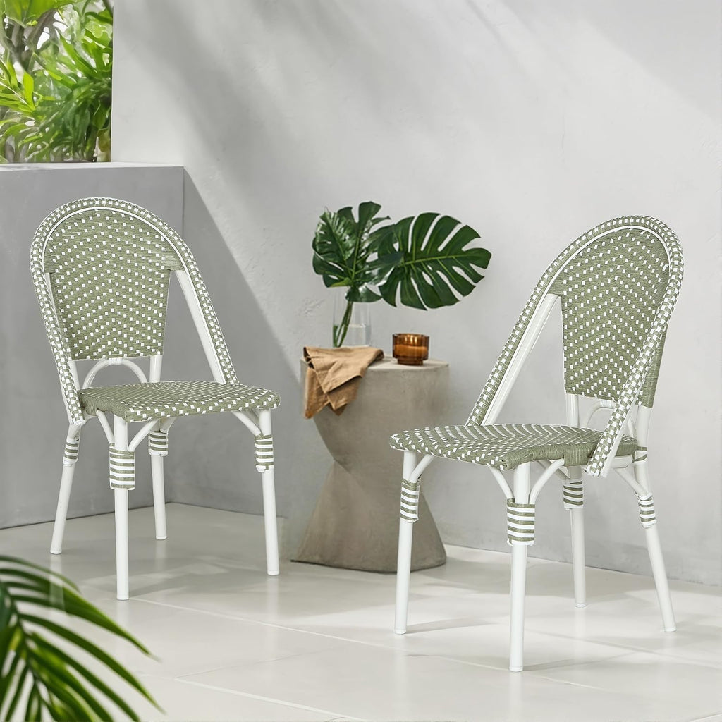 Christopher Knight Home Philomena Outdoor French Bistro Chairs Set of 2, Aluminum Patio Dining Chairs Set of 2, PE Rattan Patio Furniture Amrless Accent Chair for Garden/Backyard/Balcony, Green+White