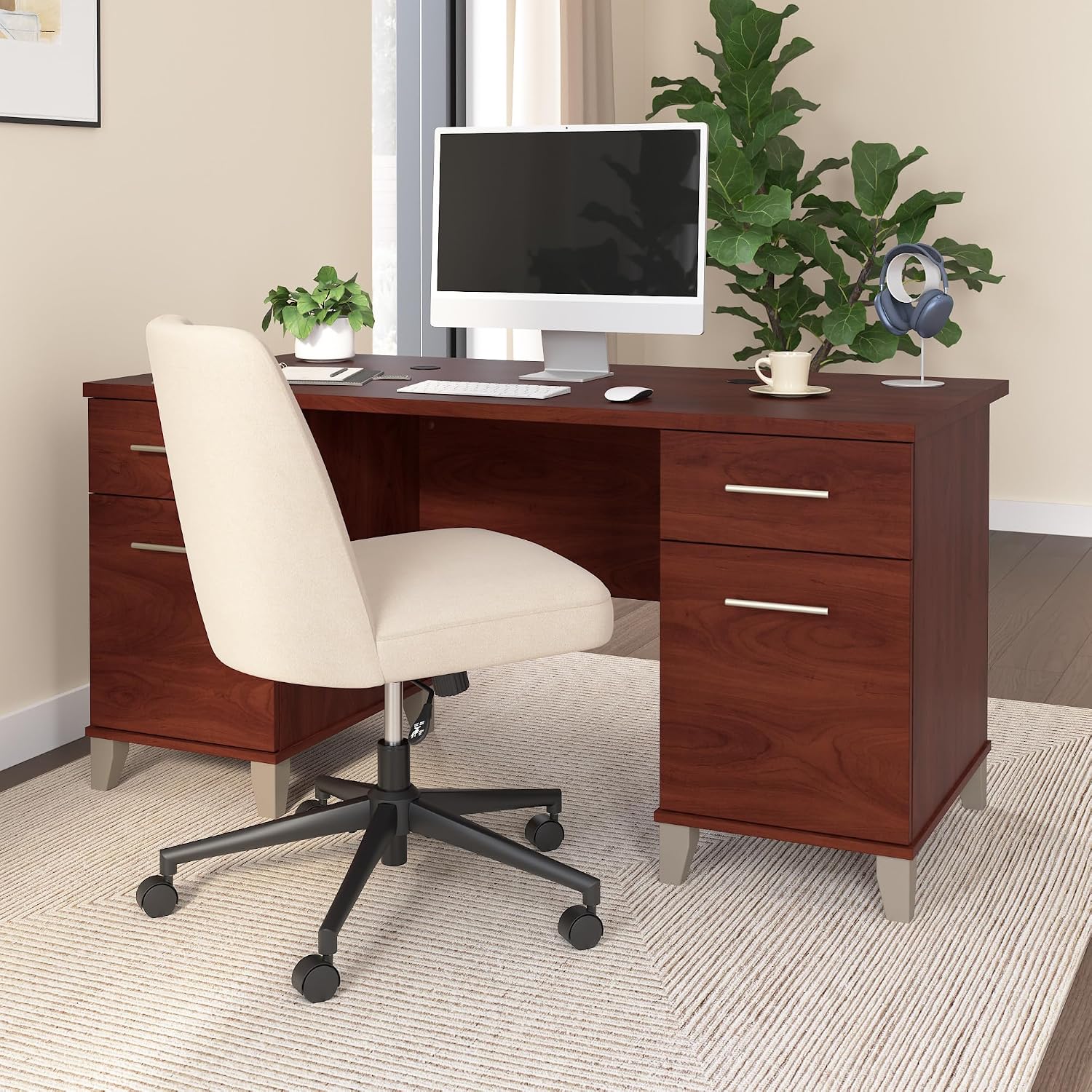 Bush Home 60-Inch Office Desk with Drawers, Computer Desk with File and Box Drawers, Home Office Workstation with Storage Cabinet, Writing Desk Furniture, Somerset Collection, Hansen Cherry